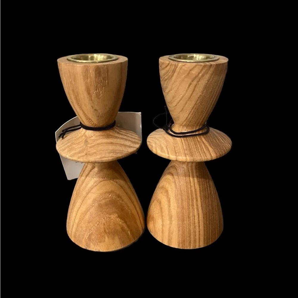NWT West Elm Wood Taper Candle Stick Holder #2352 ~ Set of 2